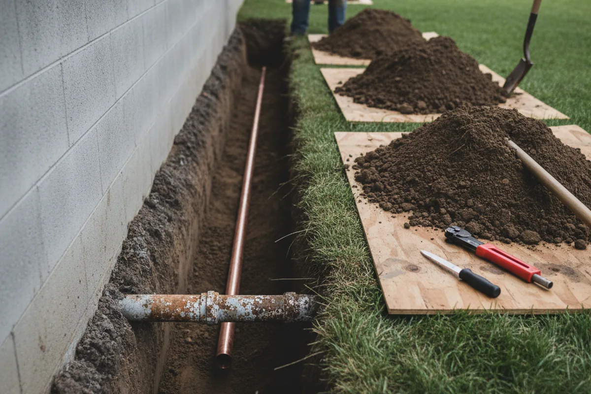 Excavated water line trench during Sewer Line Repair in La Mirada